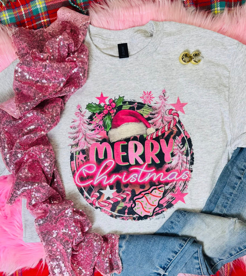 Merry Christmas Pink Circle Ash Grey Tee